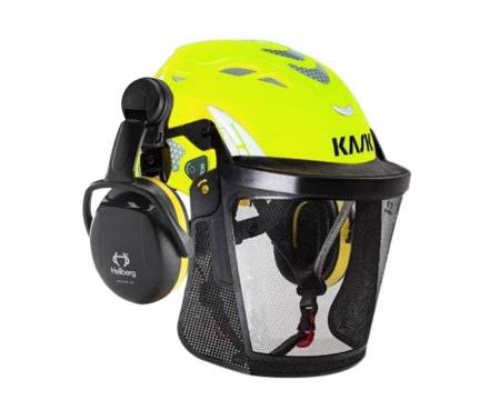 Zestaw KASK Superplasma AQ Hi-Viz + siatka i słuchawki Hellberg